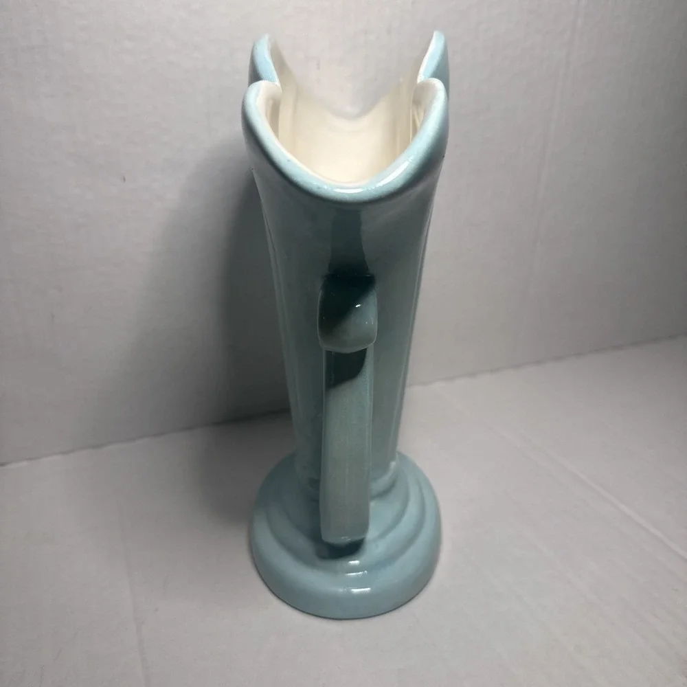 Vintage '72 Studio Art Deco Pottery Fan Vase Turquoise Scroll Handles Signed